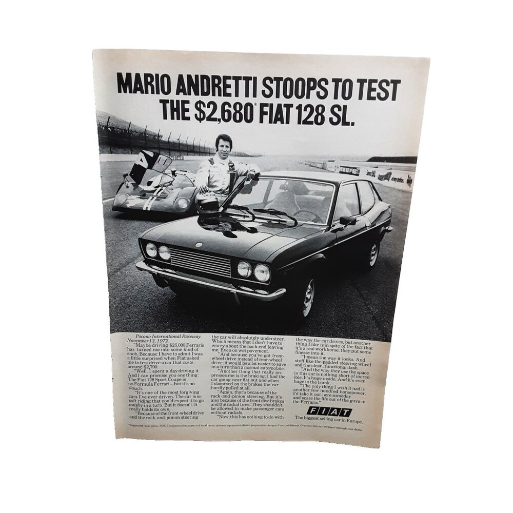Vintage 1973 Fiat 128 SL Print Ad Mario Andretti Racing Auto Original